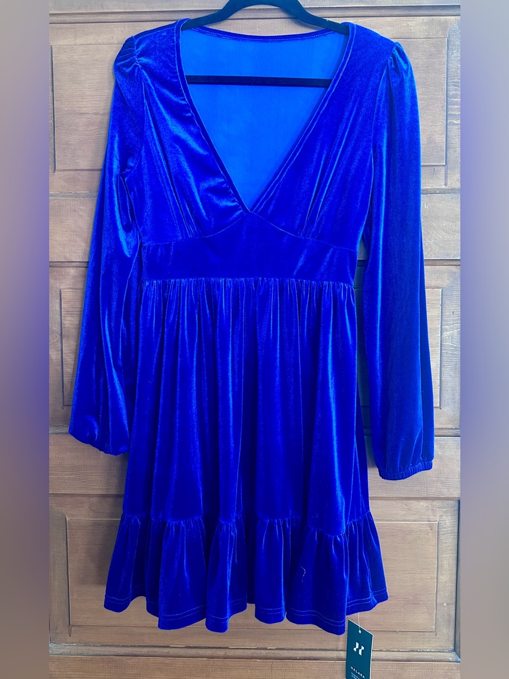 HALARA Deep Blue Velvet Tiered Dress, NWT, Sz M!  Low V front & Stretchy!  NEW!